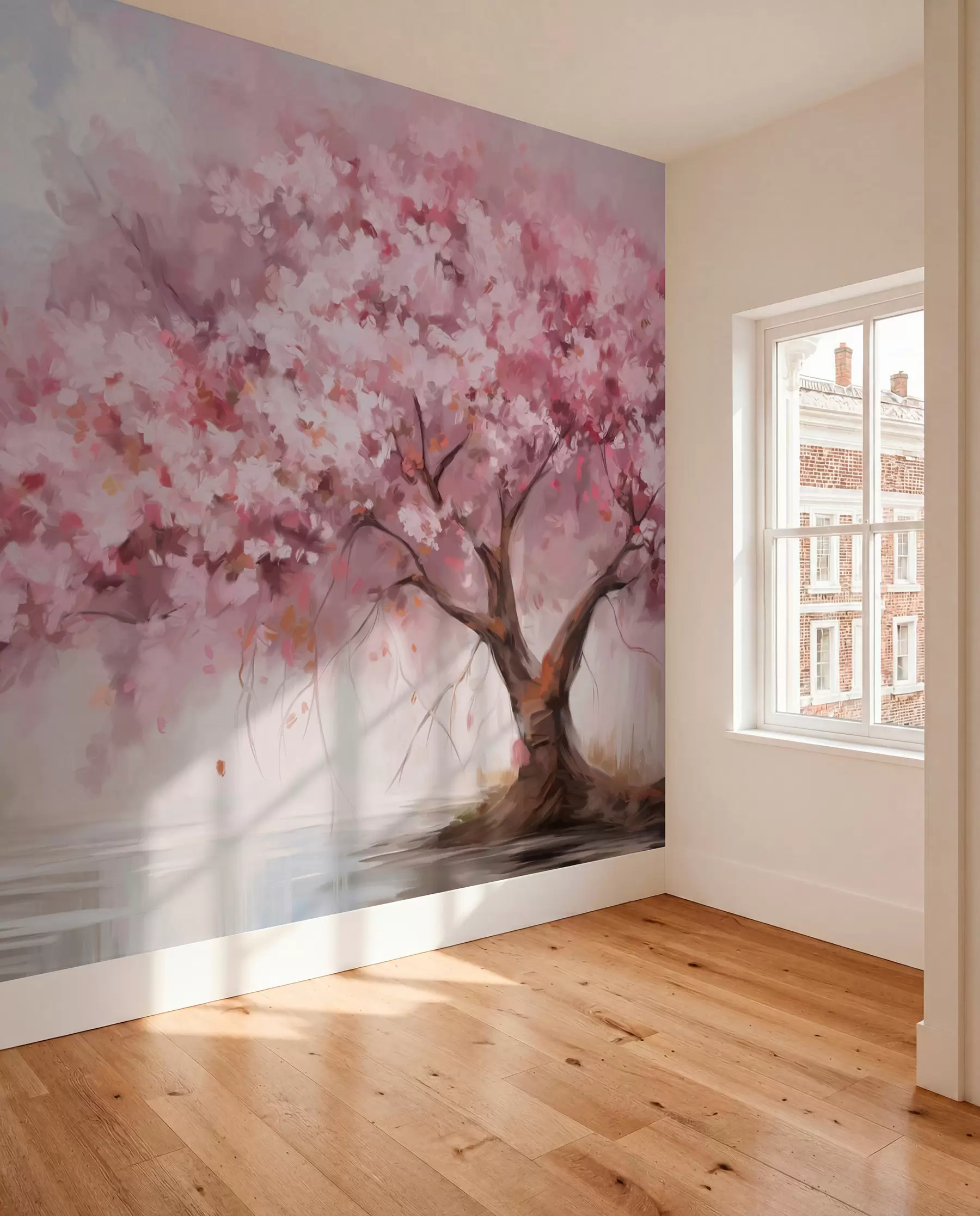 Fototapete Abstrakte rosa Blüte Baum in voller Blüte, neben einem Fluss, weich strukturierte Pinselstriche und Pastellfarben w09193