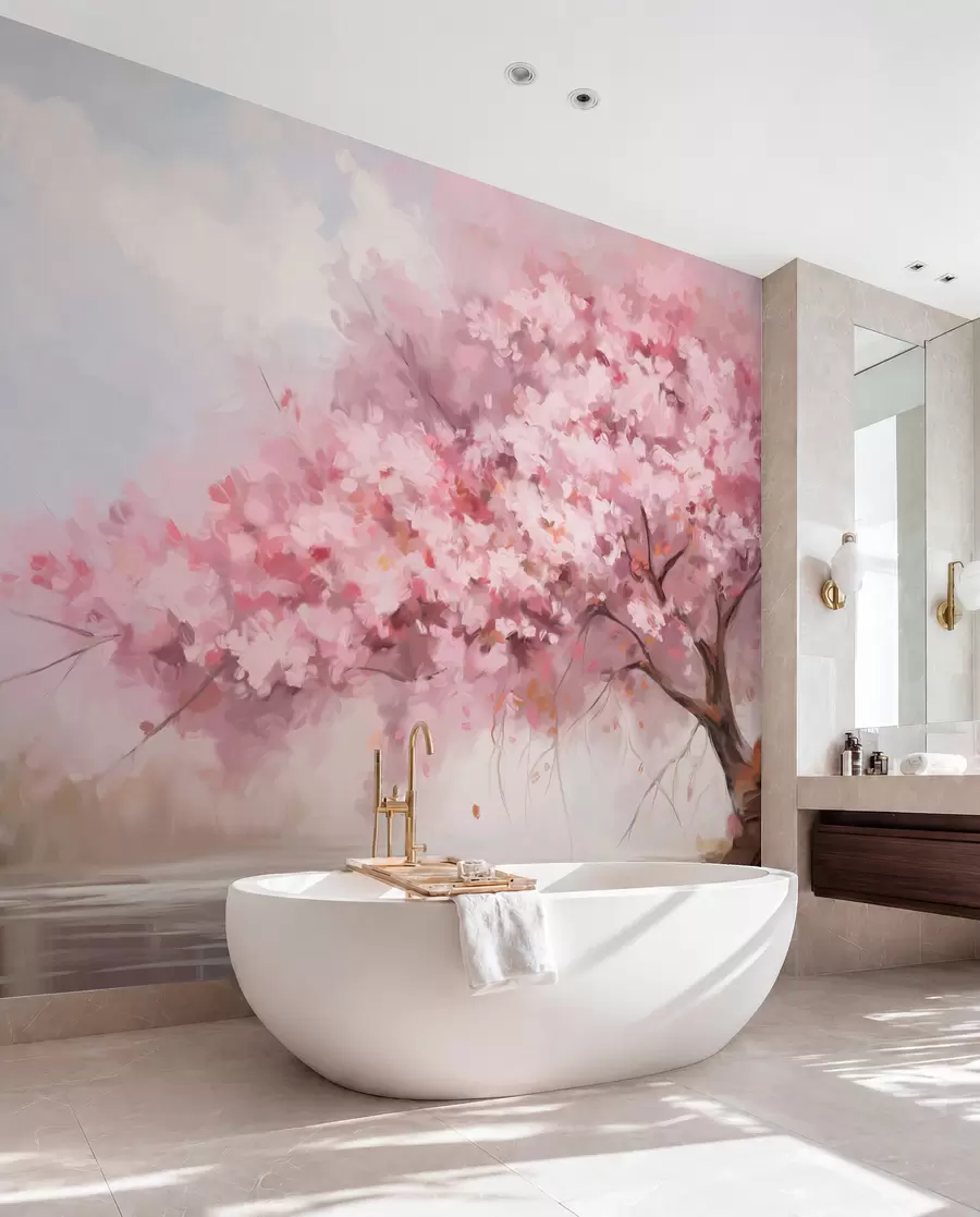 Fototapete Abstrakte rosa Blüte Baum in voller Blüte, neben einem Fluss, weich strukturierte Pinselstriche und Pastellfarben w09193