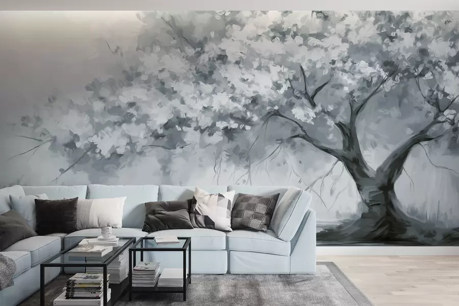 Fototapete Abstrakter gedämpfter blauer Blütenbaum in voller Blüte, neben einem Fluss, weiche strukturierte Pinselstriche und Pastellfarben w09193v2