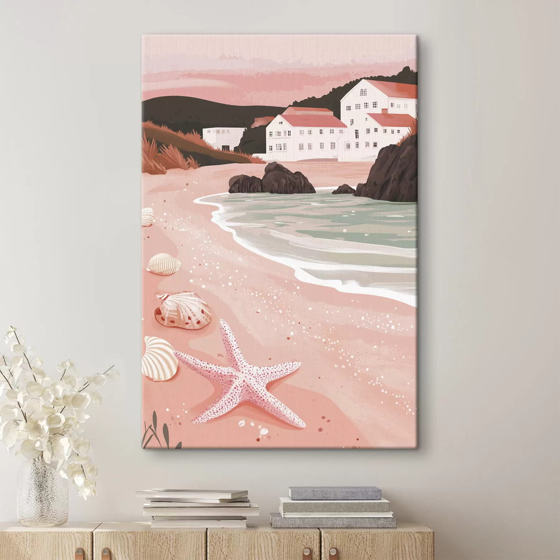 Fototapete Gemütlicher rosa Strand mit weißen Häusern und Muscheln  s44713