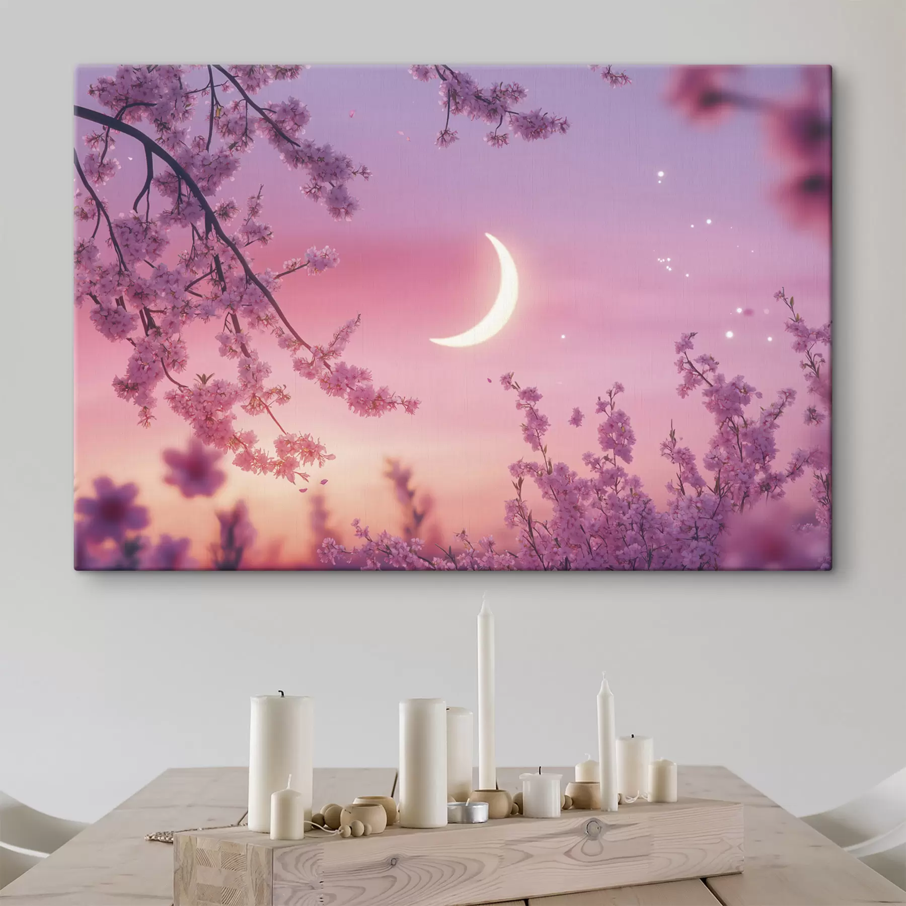 Fototapete Kirschblüte, rosa Himmel mit leuchtendem Mond, Realismus s44715