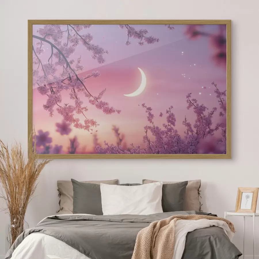 Fototapete Kirschblüte, rosa Himmel mit leuchtendem Mond, Realismus f44715