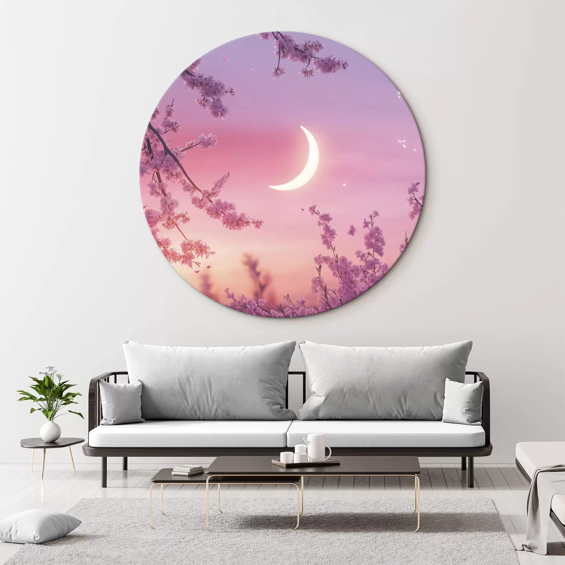 Fototapete Kirschblüte, rosa Himmel mit leuchtendem Mond, Realismus r44715
