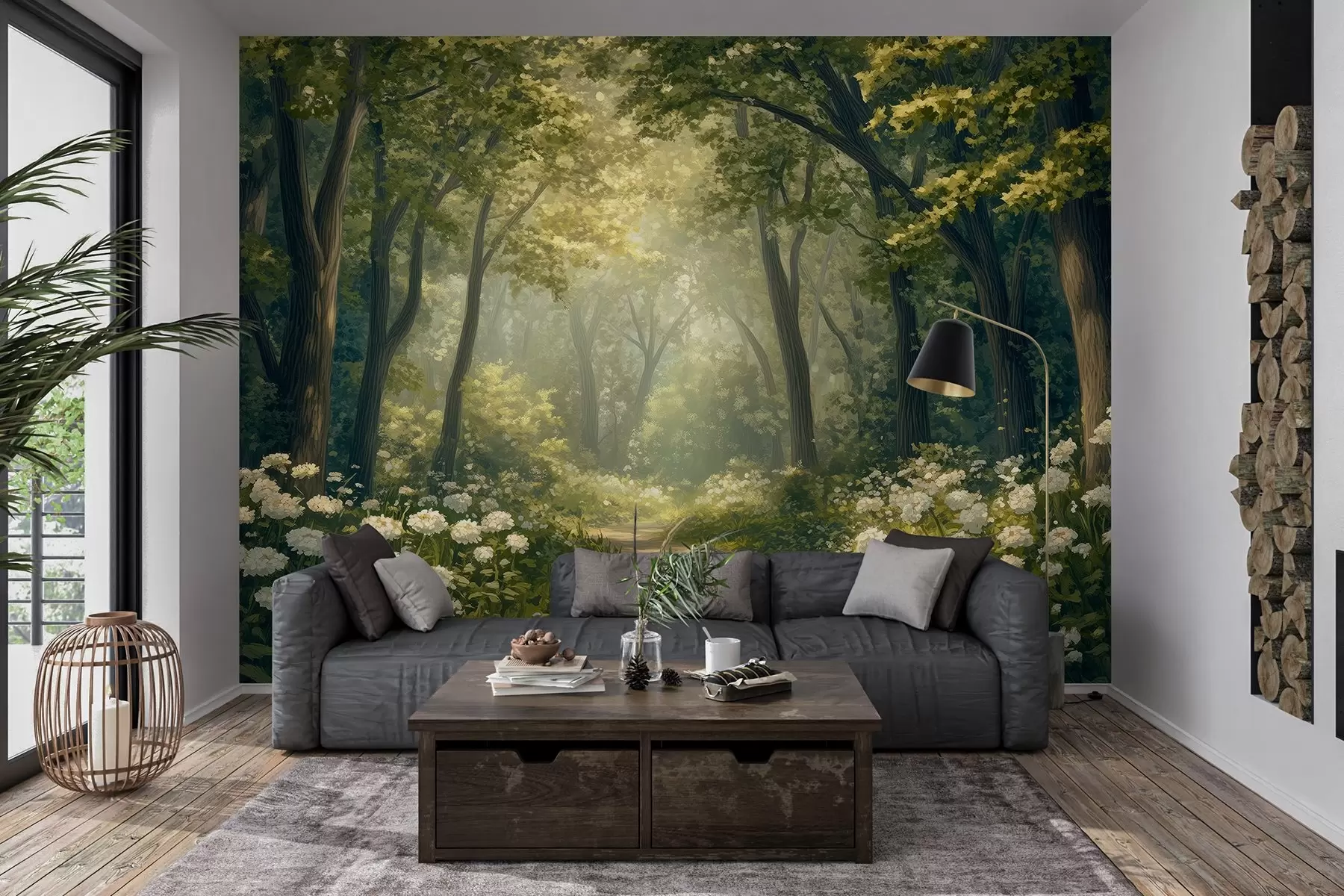 Fototapete Pfad im grünen Wald, weiße Blumen, Sonnenlicht, Acryl-Stil Zeichnung w04119