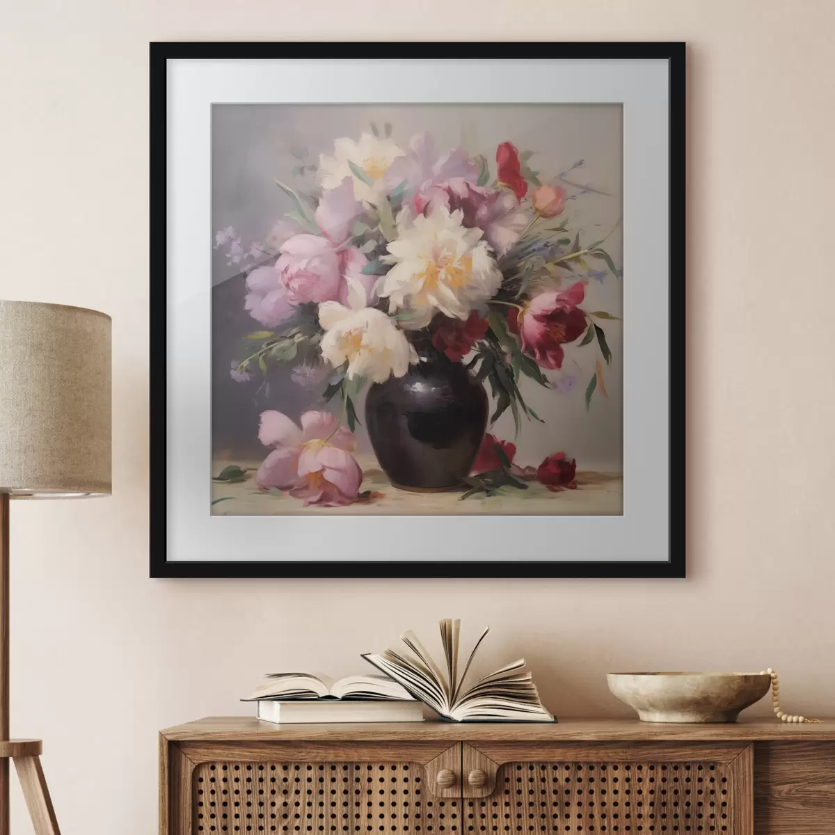 Poster Pfingstrosenstrauß in einer dunklen Vase f44769