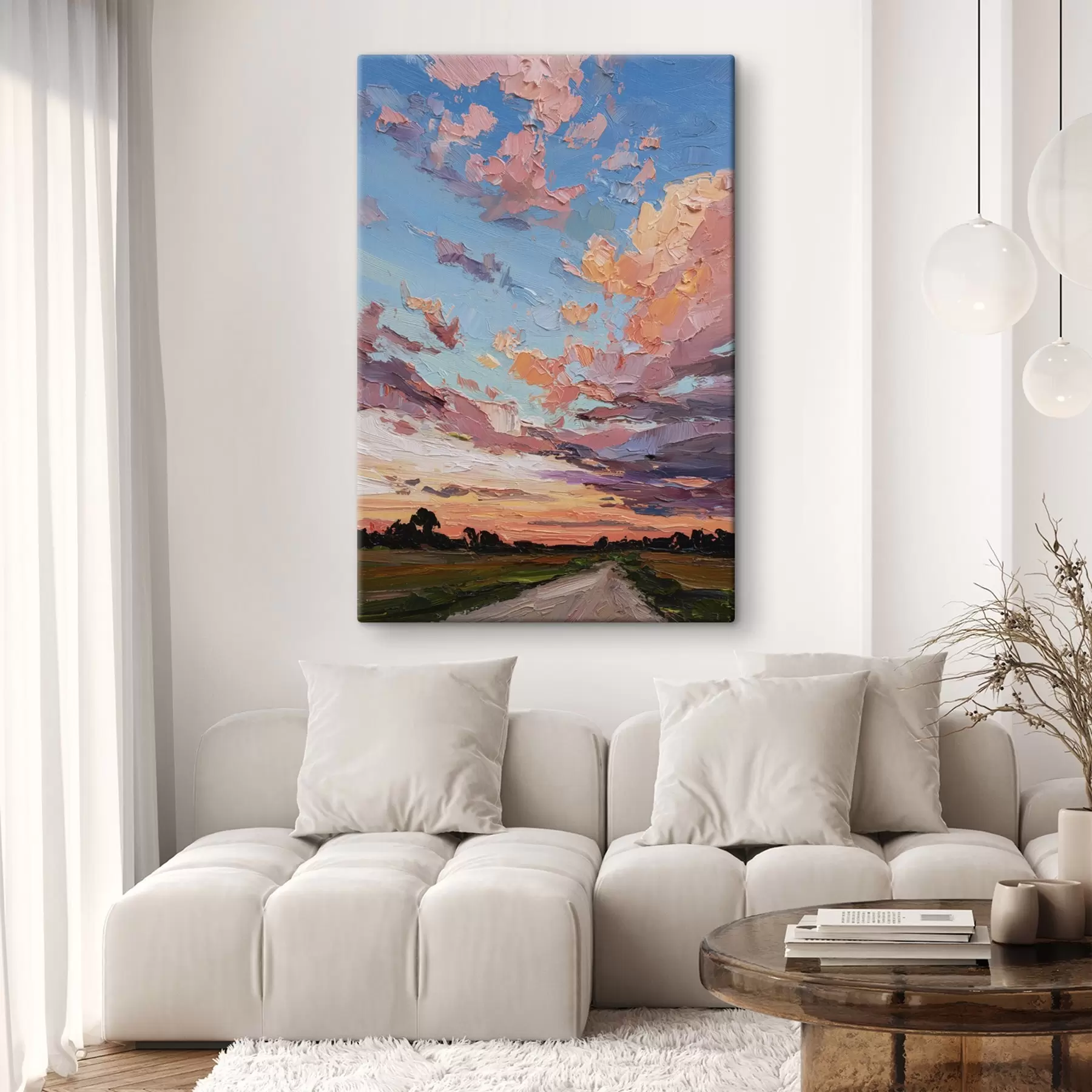 Fototapete Sonnenuntergang Himmel, Straße auf dem Feld, lebendige Pinselstriche, Öl-Stil Nachahmung  s44795