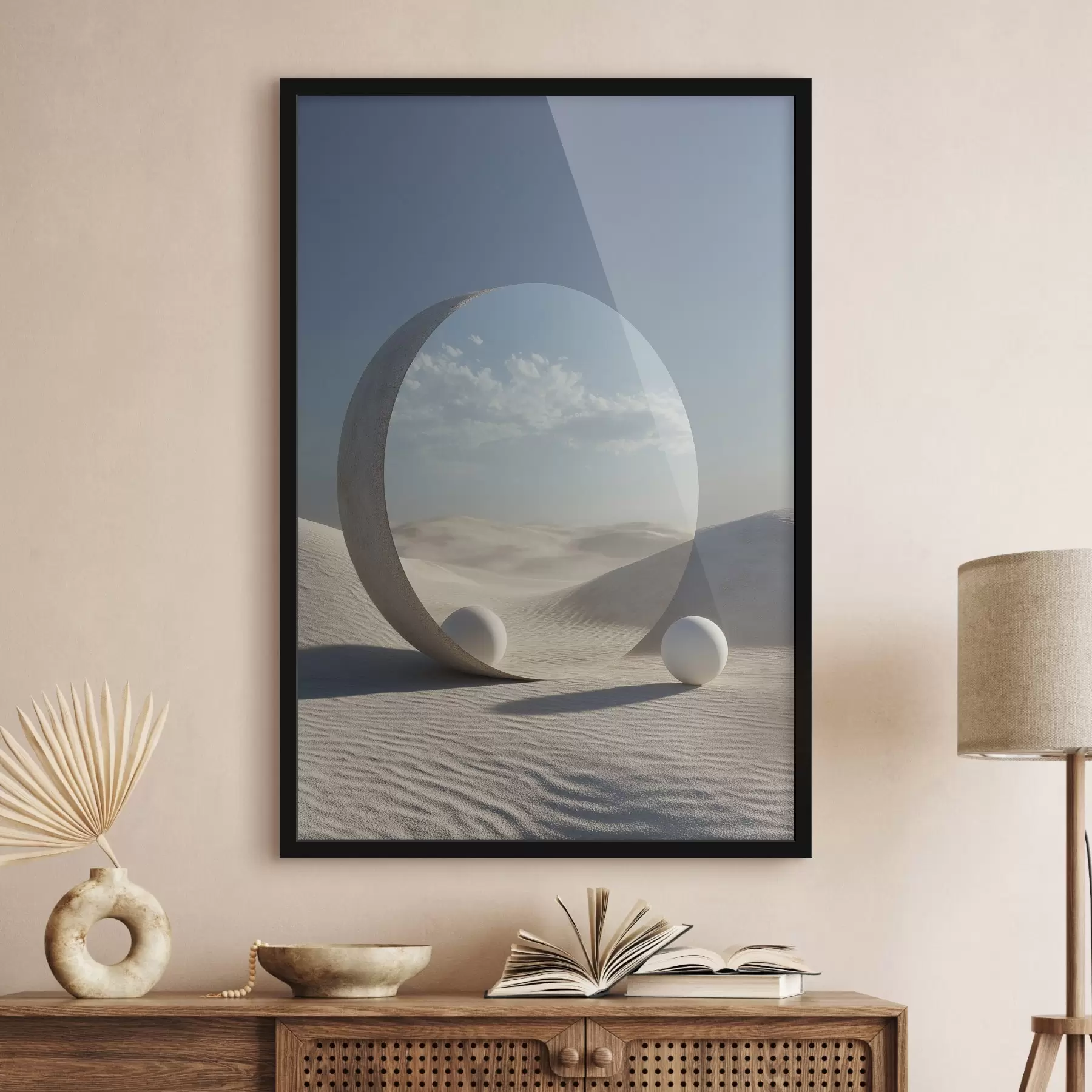 Fototapete Surreale Wüstenlandschaft mit einem runden Spiegel, der den Himmel und den Mond reflektiert f44792