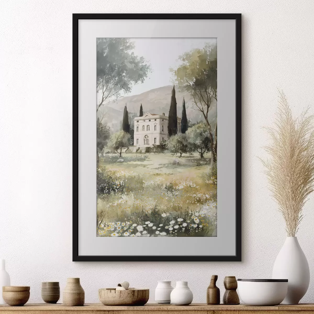 Poster Mediterranes Dorf mit weißem Haus umgeben von einem Garten f44796
