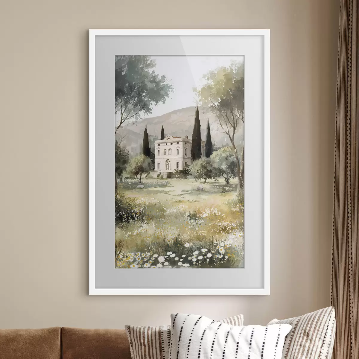 Poster Mediterranes Dorf mit weißem Haus umgeben von einem Garten f44796