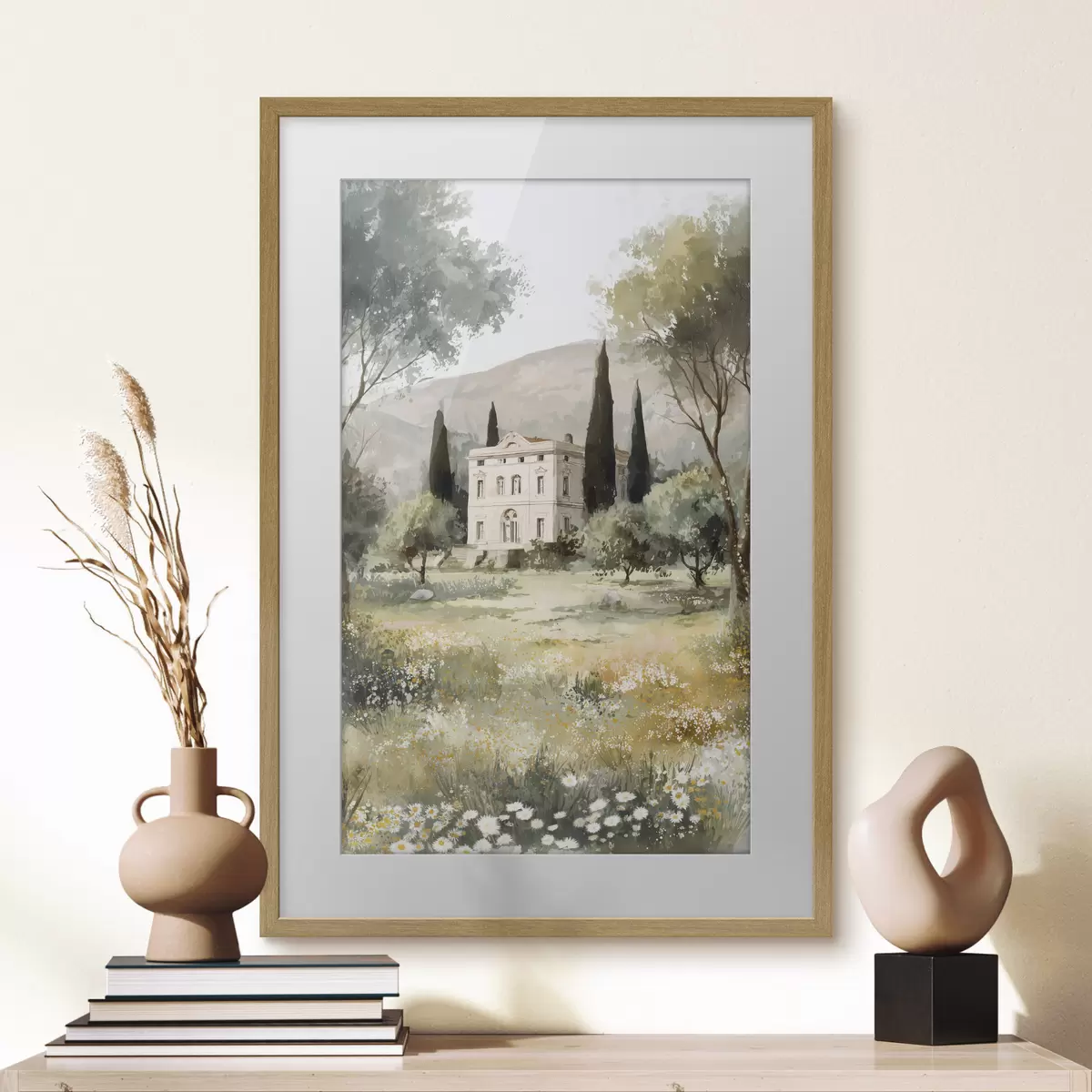 Poster Mediterranes Dorf mit weißem Haus umgeben von einem Garten f44796