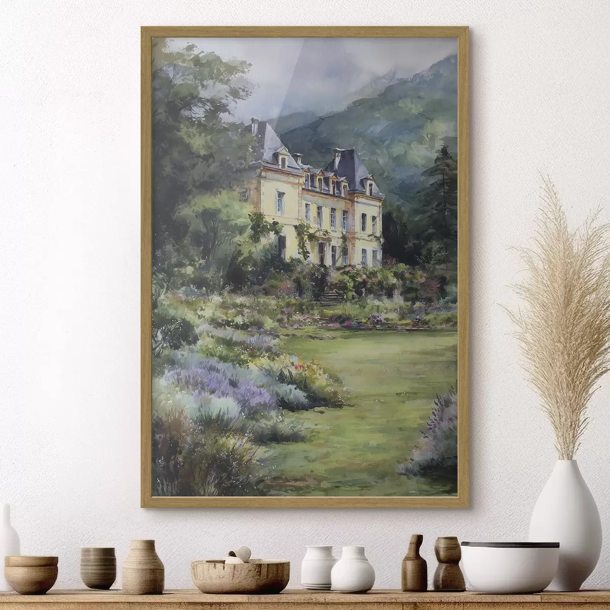 Poster Französisches Schloss, umgeben von einem Garten mit Lavendel f44797