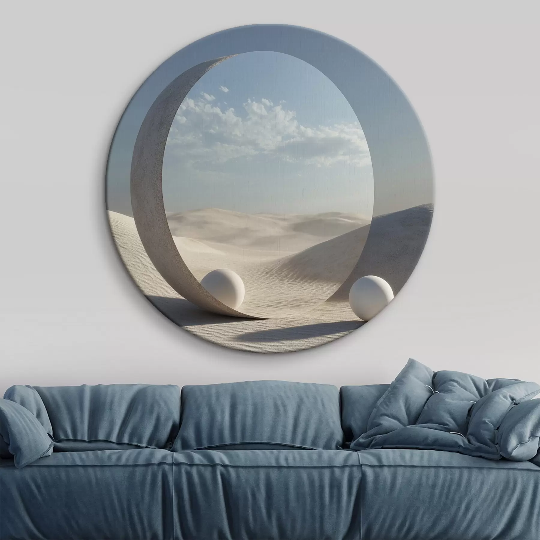 Fototapete Surreale Wüstenlandschaft mit einem runden Spiegel, der den Himmel und den Mond reflektiert r44792