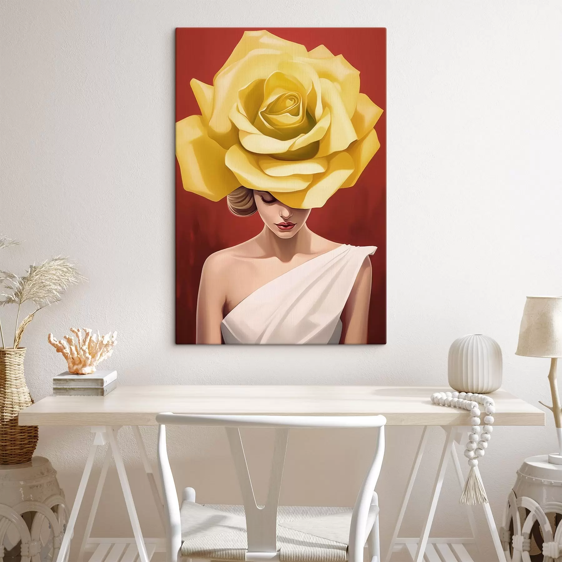 Fototapete Frau mit gelbem Rosenhut s44800