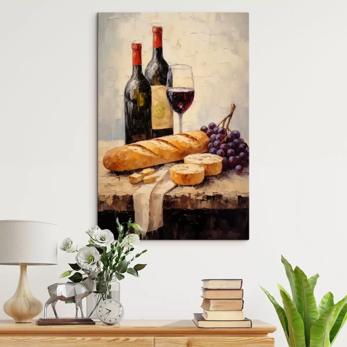 Fototapete Wein, Baguette und Weintrauben s44815