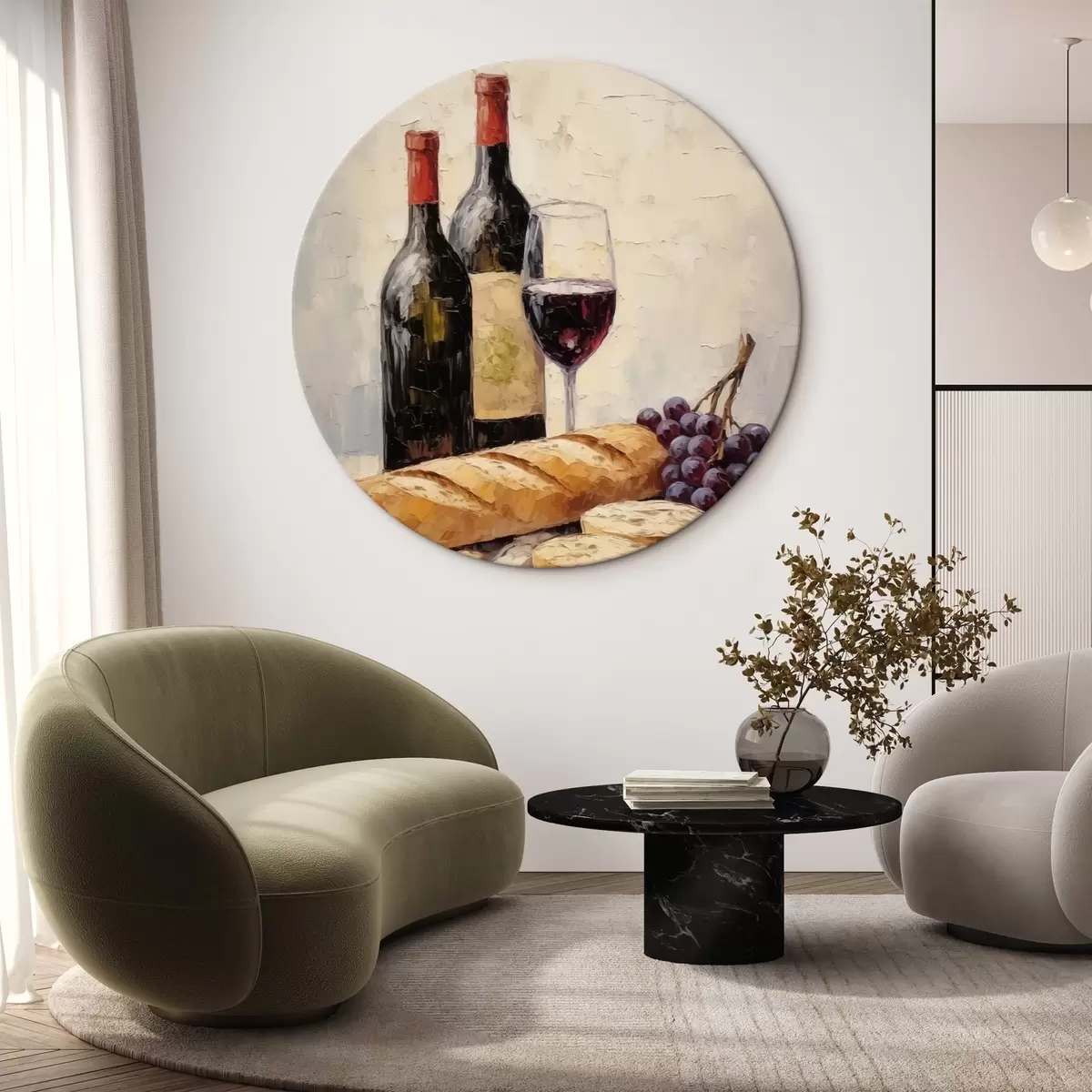 Runde Wandbilder Wein, Baguette und Weintrauben r44815
