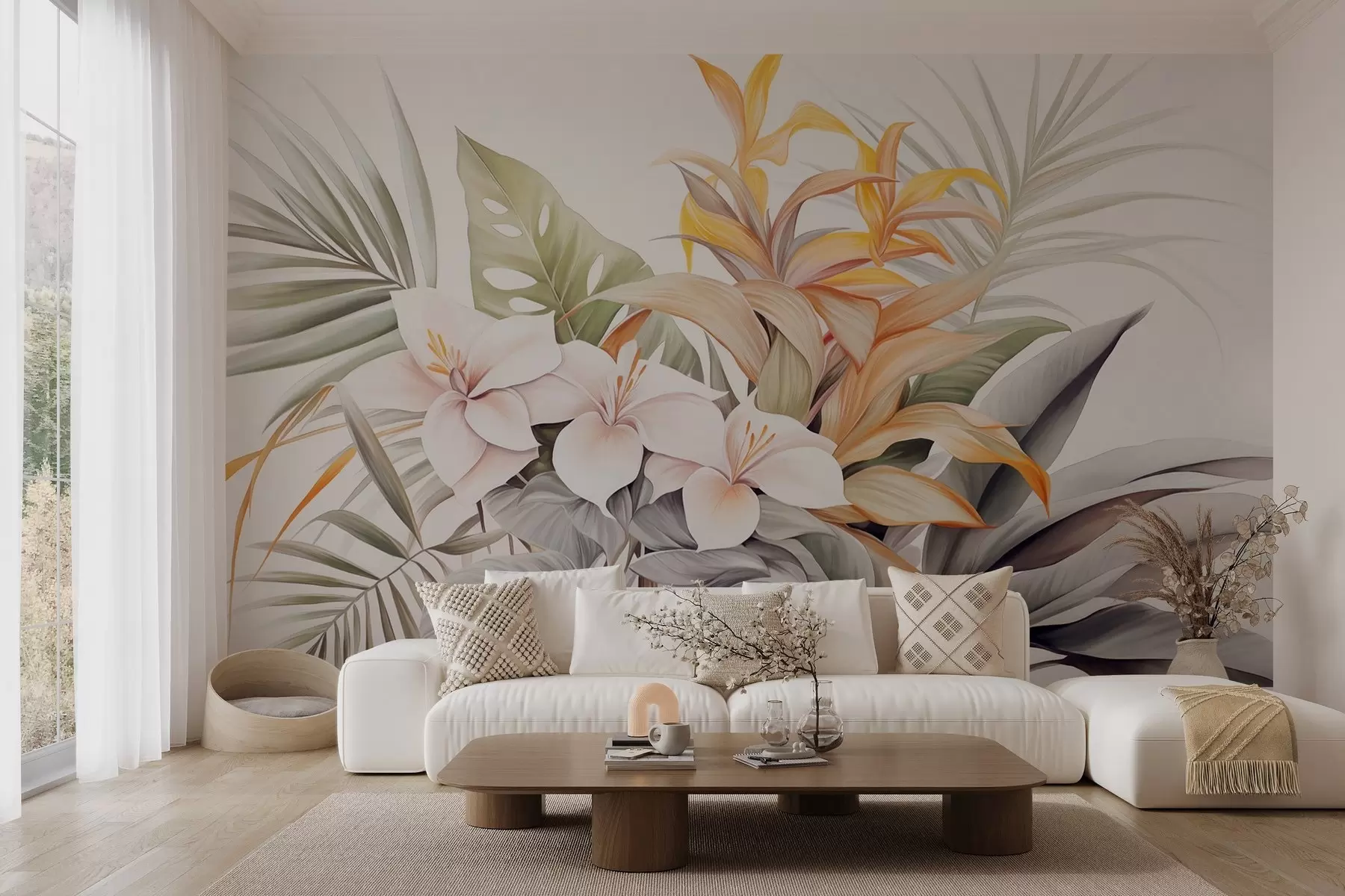 Fototapete Botanische Illustration von tropischen Blumen mit Palme und Monstera Blätter, weiche Farben, Aquarell-Stil w09201