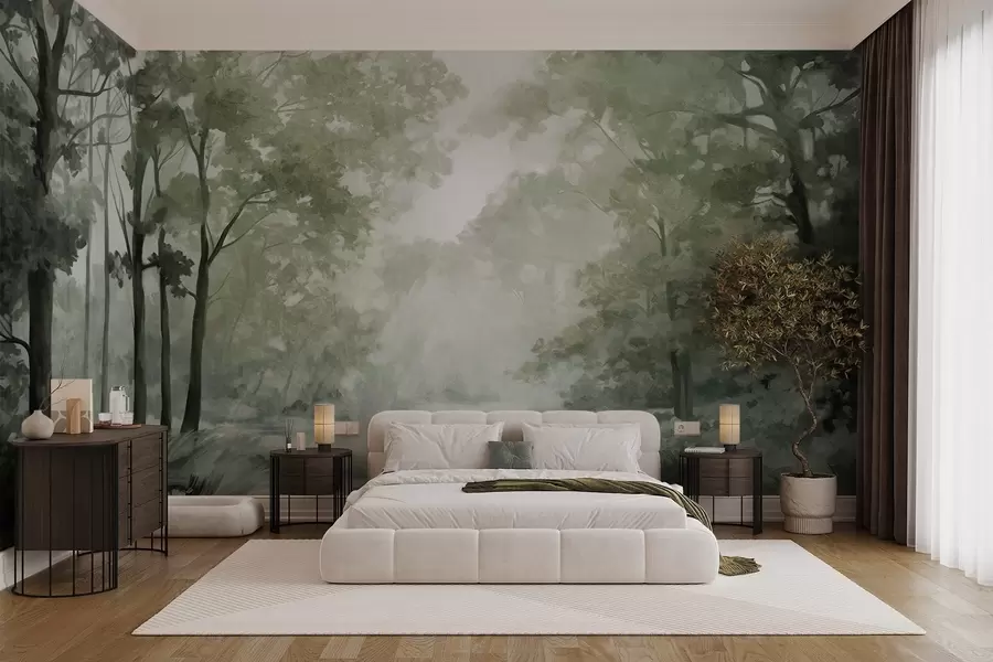 Fototapete Texturierte Waldlandschaft, Bäume mit grünen Blättern, pastellfarbene Palette w09210v2