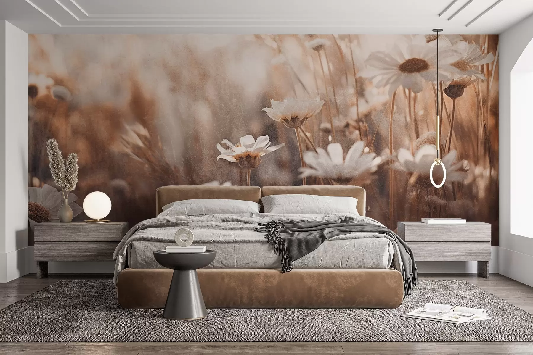 Fototapete Strukturiertes Feld von weißen Gänseblümchen und Wildblumen in warmer Farbpalette mit verschwommenem Hintergrund w09214