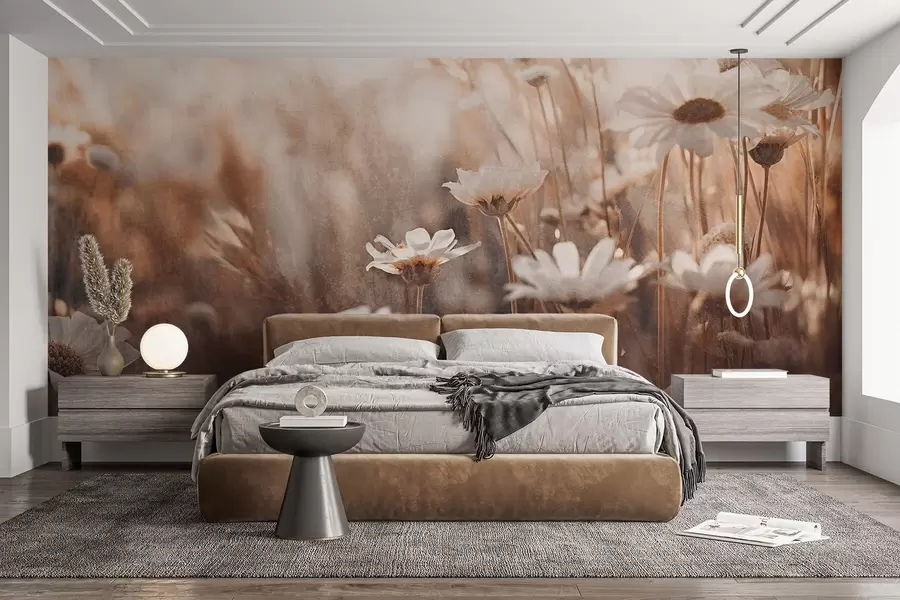 Fototapete Strukturiertes Feld von weißen Gänseblümchen und Wildblumen in warmer Farbpalette mit verschwommenem Hintergrund w09214