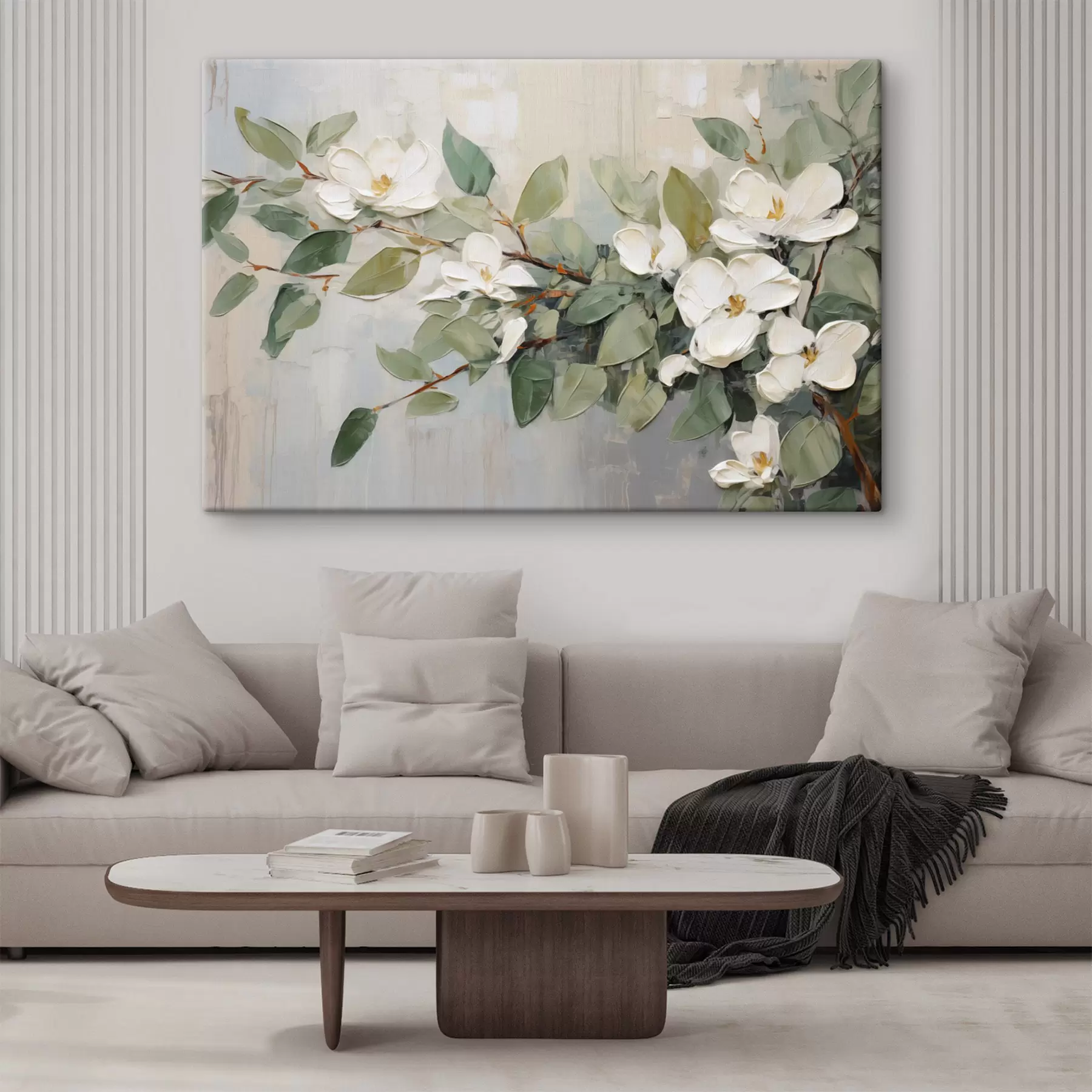 Fototapete Magnolienblüten mit grünen Blättern auf einem Zweig, pastos strukturierter Stil, weiche Farbpalette s44853