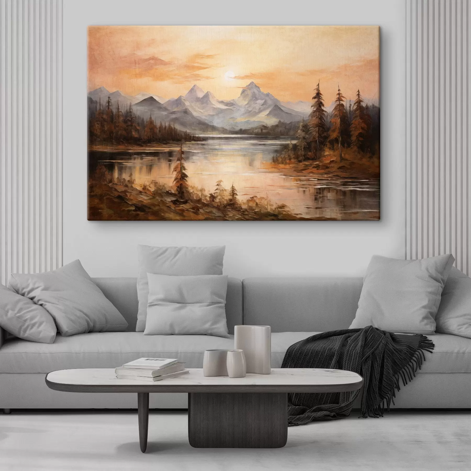 Fototapete Landschaft mit einem See, umgeben von Bäumen und Bergen im Hintergrund, orangefarbener Himmel mit Sonne  s44857