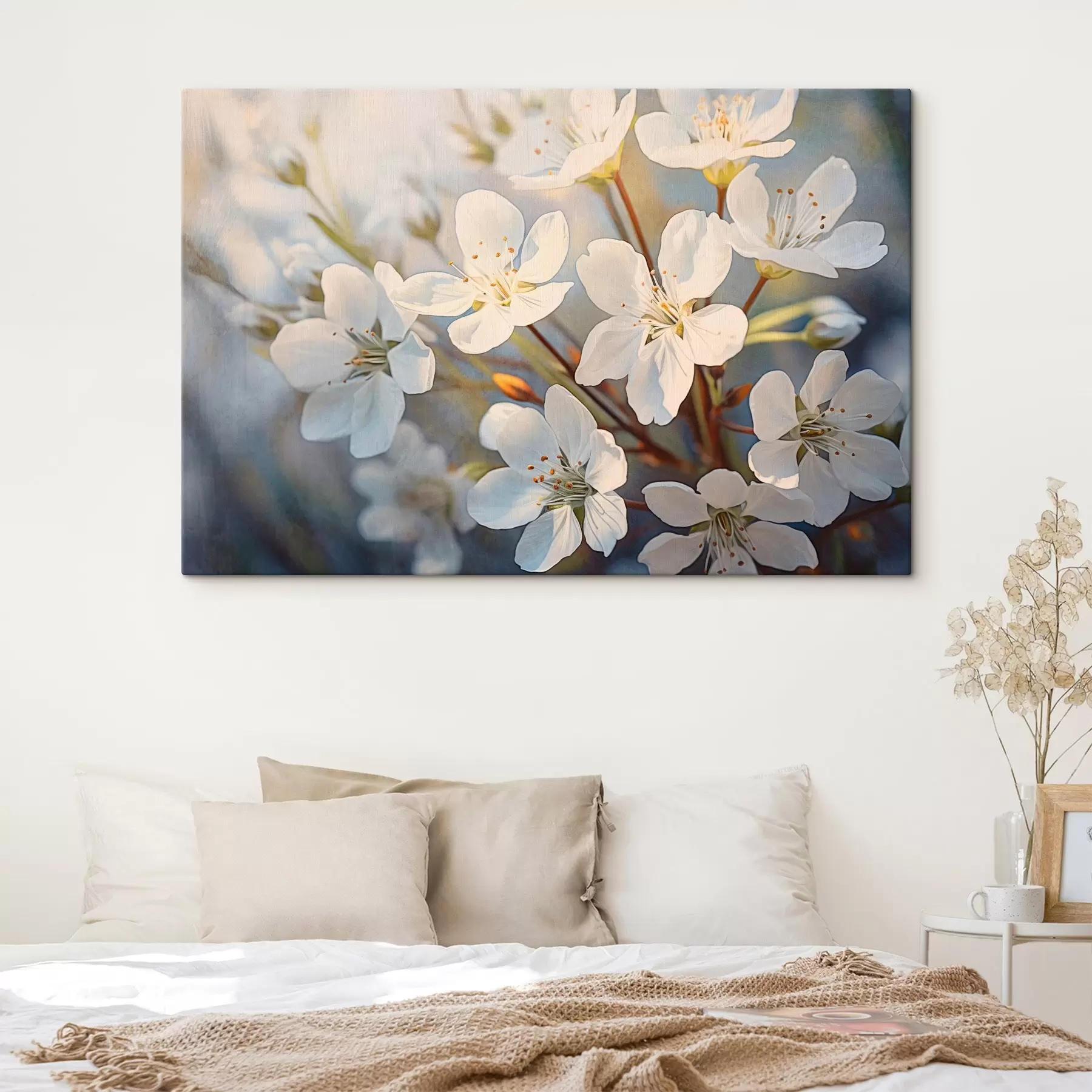 Fototapete Weiße strukturierte Kirschblüten im Aquarell-Stil, zarte Blütenblätter, Frühlingssaison s44859
