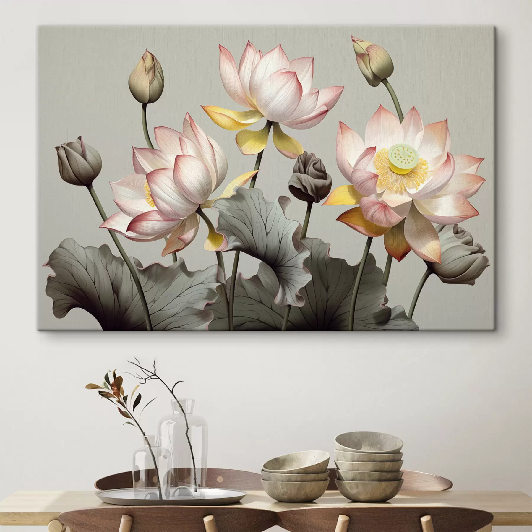 Fototapete Lotusblumen mit pastellfarbenen Blütenblättern und grünen Blättern, in einer gedeckten Farbpalette, vor einem schlichten Hintergrund s44862