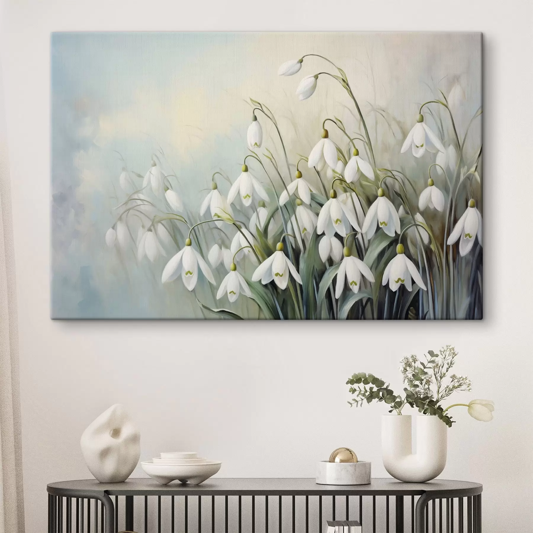 Fototapete Weiße Schneeglöckchenblüten mit blauen und grünen Stängeln und Blättern, weiche Pinselstriche, unscharfer Hintergrund  s44864