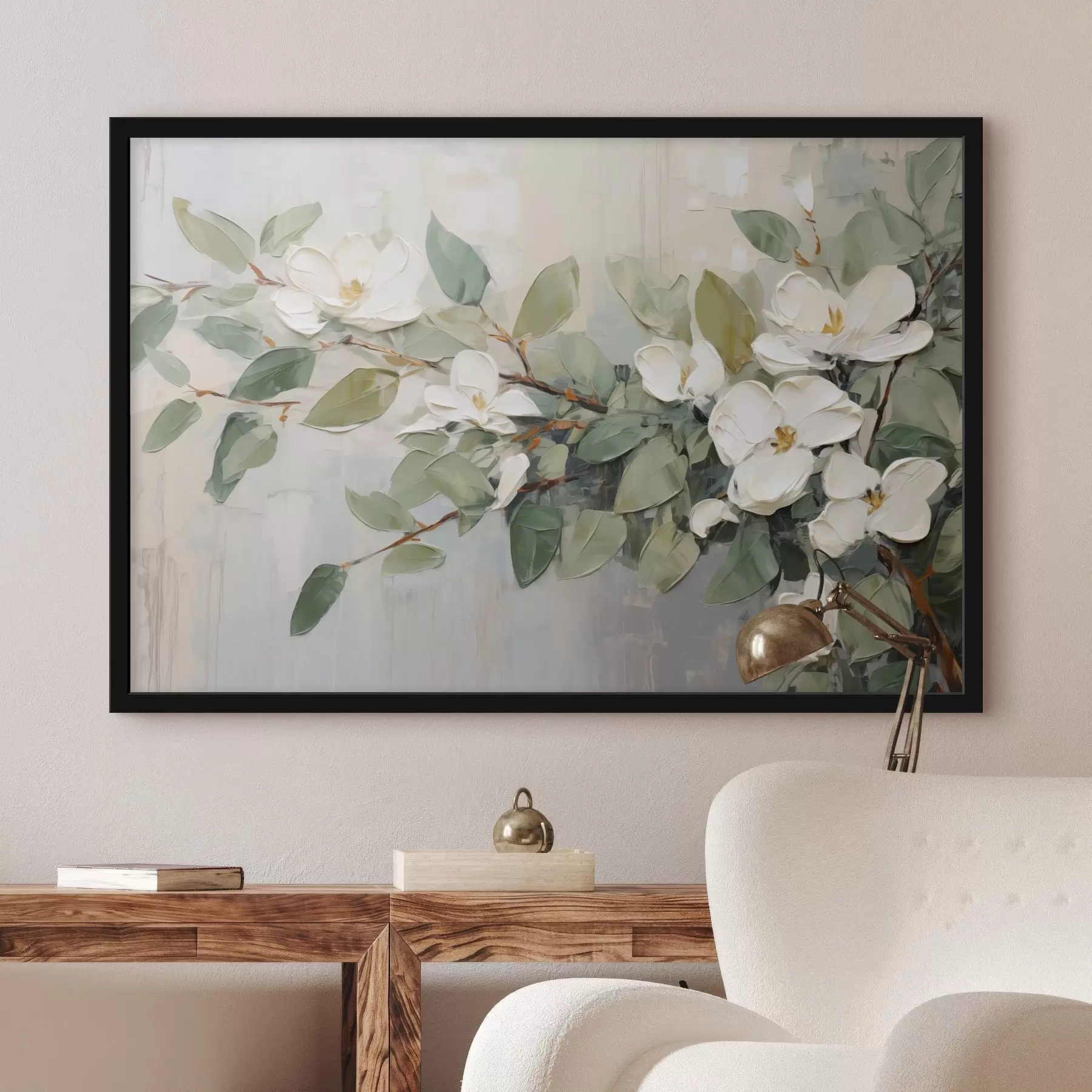 Fototapete Magnolienblüten mit grünen Blättern auf einem Zweig, pastos strukturierter Stil, weiche Farbpalette f44853