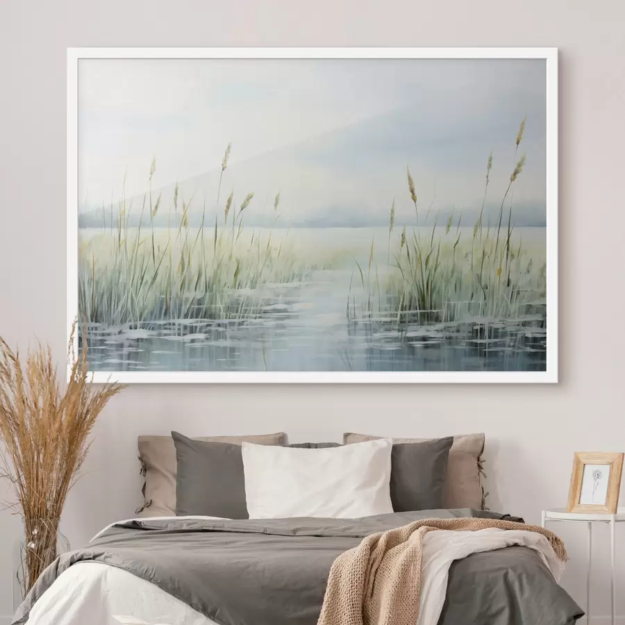 Fototapete Ein Aquarell Malerei Nachahmung der hohen Gras wächst in der Nähe von Wasser, bedecktem Himmel und unscharfen Hintergrund f44860