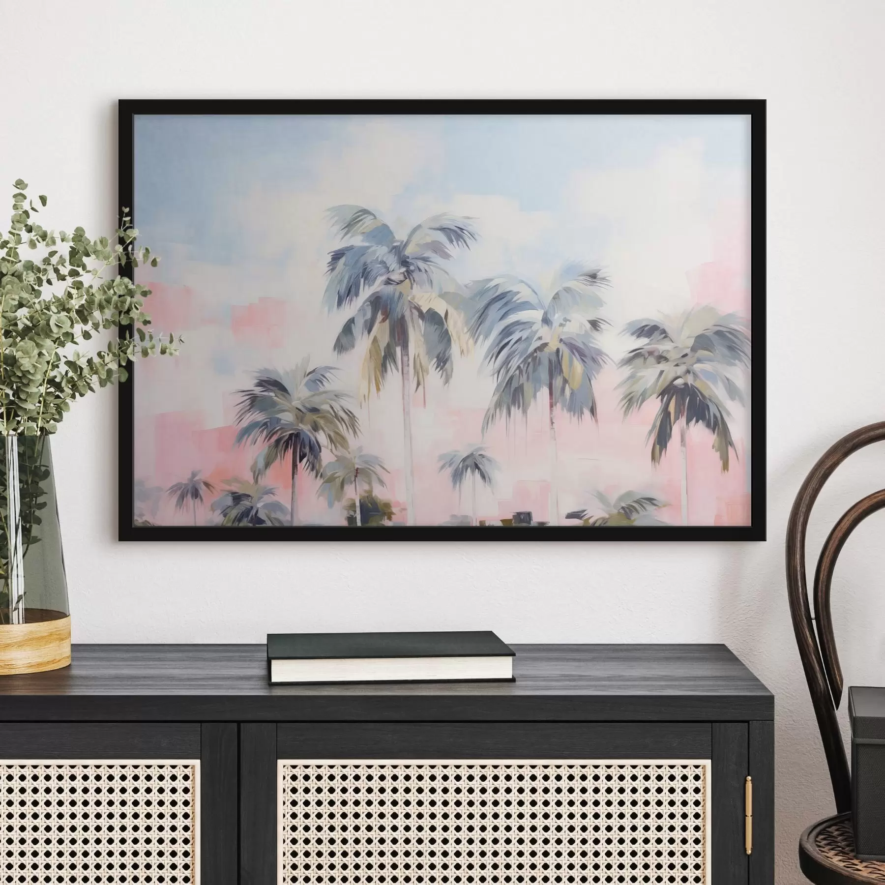 Fototapete Palmen mit pastellfarbenen Blättern und braunen Stämmen, rosa und blauer Himmel, tropische Umgebung f44866