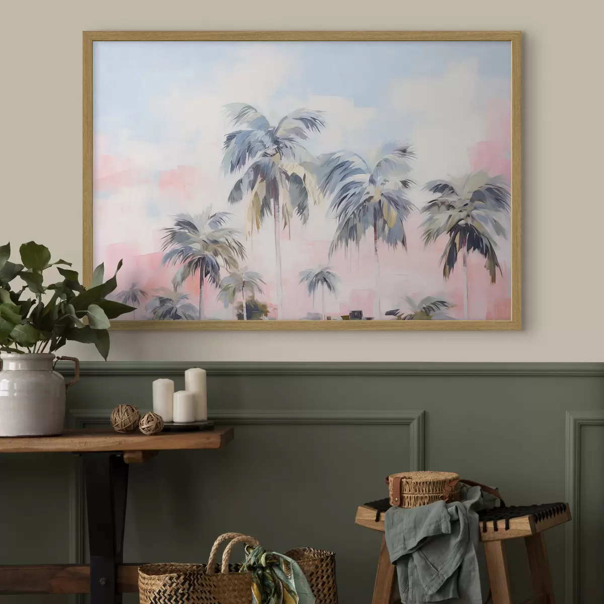 Poster Palmen mit pastellfarbenen Blättern und braunen Stämmen, rosa und blauer Himmel, tropische Umgebung f44866
