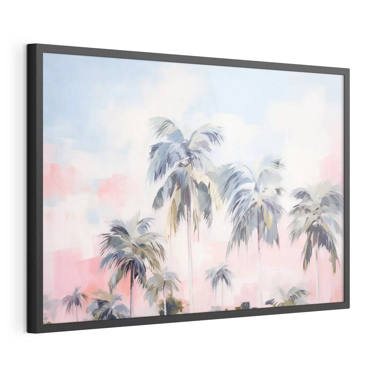 Poster Palmen mit pastellfarbenen Blättern und braunen Stämmen, rosa und blauer Himmel, tropische Umgebung f44866