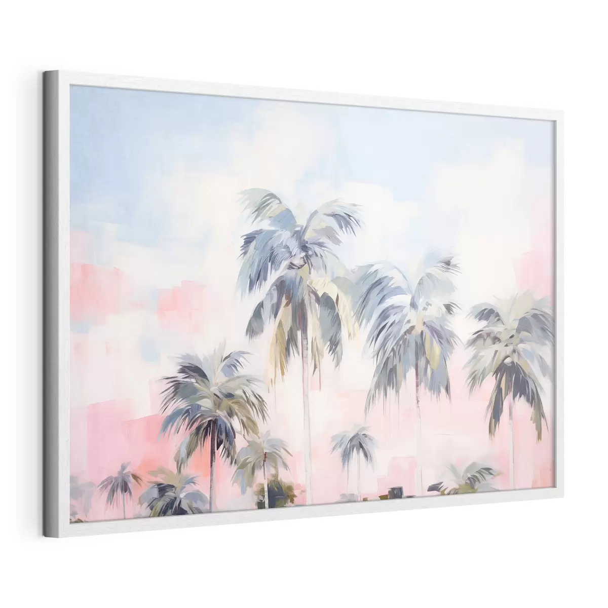 Poster Palmen mit pastellfarbenen Blättern und braunen Stämmen, rosa und blauer Himmel, tropische Umgebung f44866