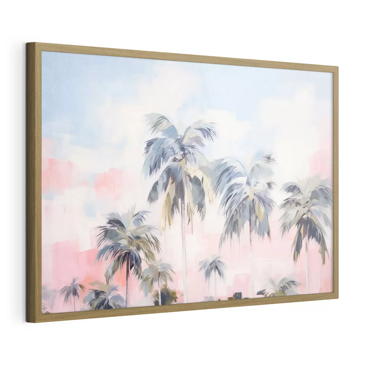 Poster Palmen mit pastellfarbenen Blättern und braunen Stämmen, rosa und blauer Himmel, tropische Umgebung f44866