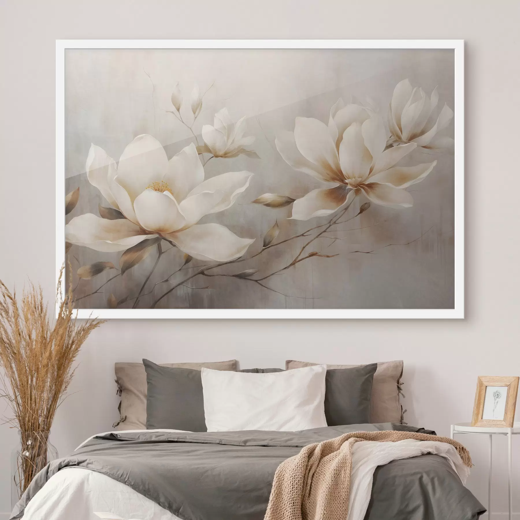 Fototapete Strukturierte Vintage weiße Magnolienblüten auf Zweigen in einem hellbraunen Hintergrund f44869