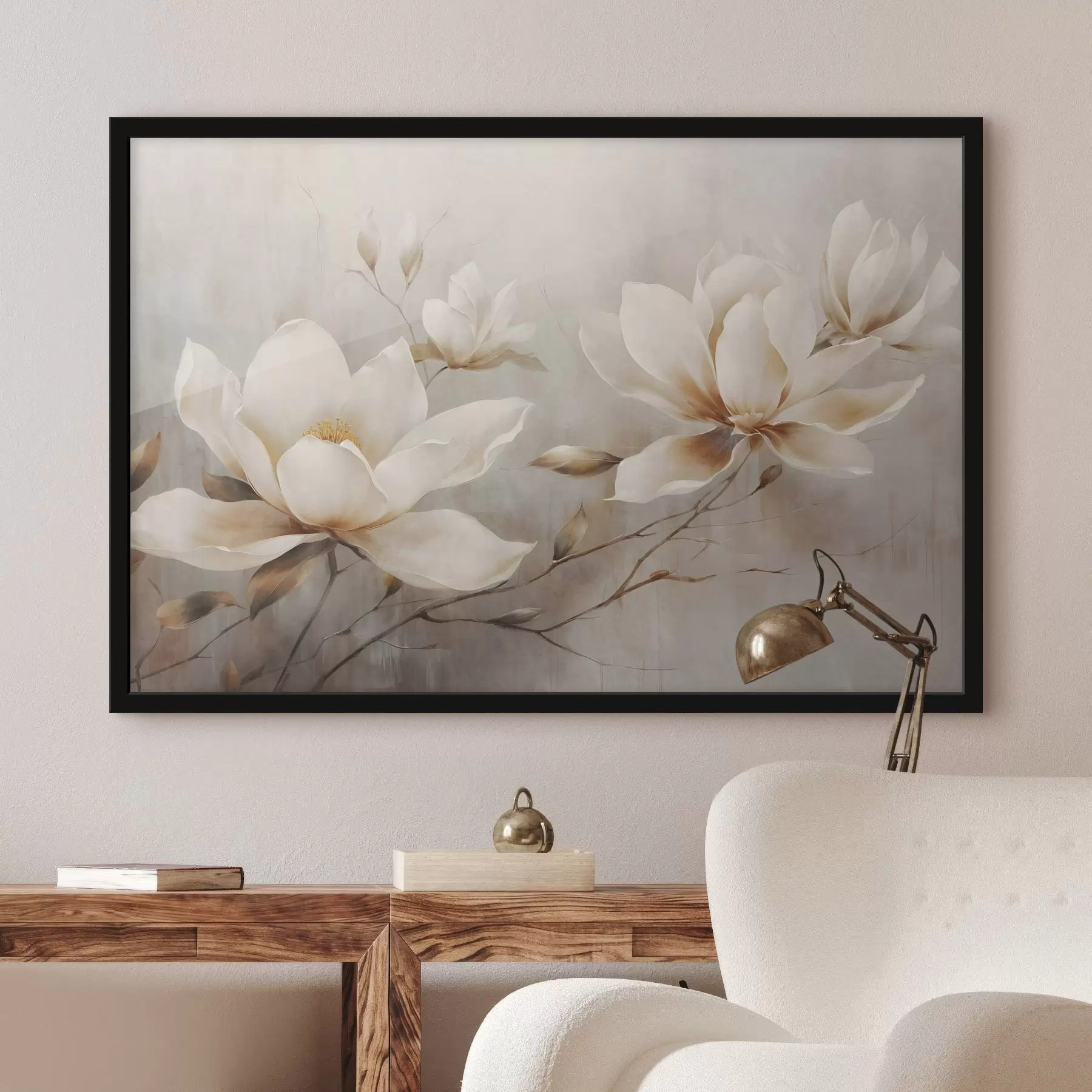 Fototapete Strukturierte Vintage weiße Magnolienblüten auf Zweigen in einem hellbraunen Hintergrund f44869