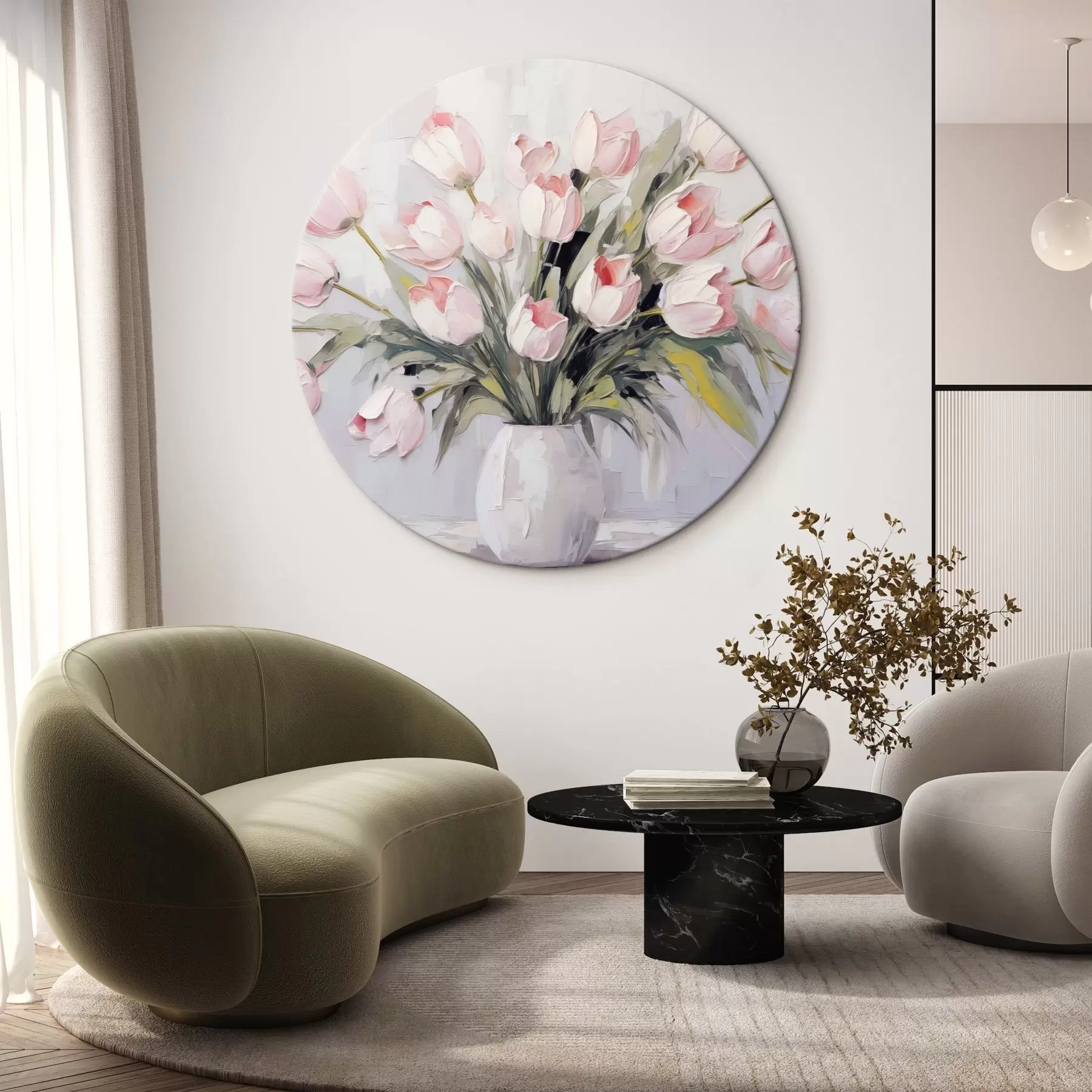 Fototapete Eine Vase mit rosa Tulpen, grüne Blätter, hellgrauer Hintergrund, Ölgemälde Stil, dicke Pinselstriche r44852