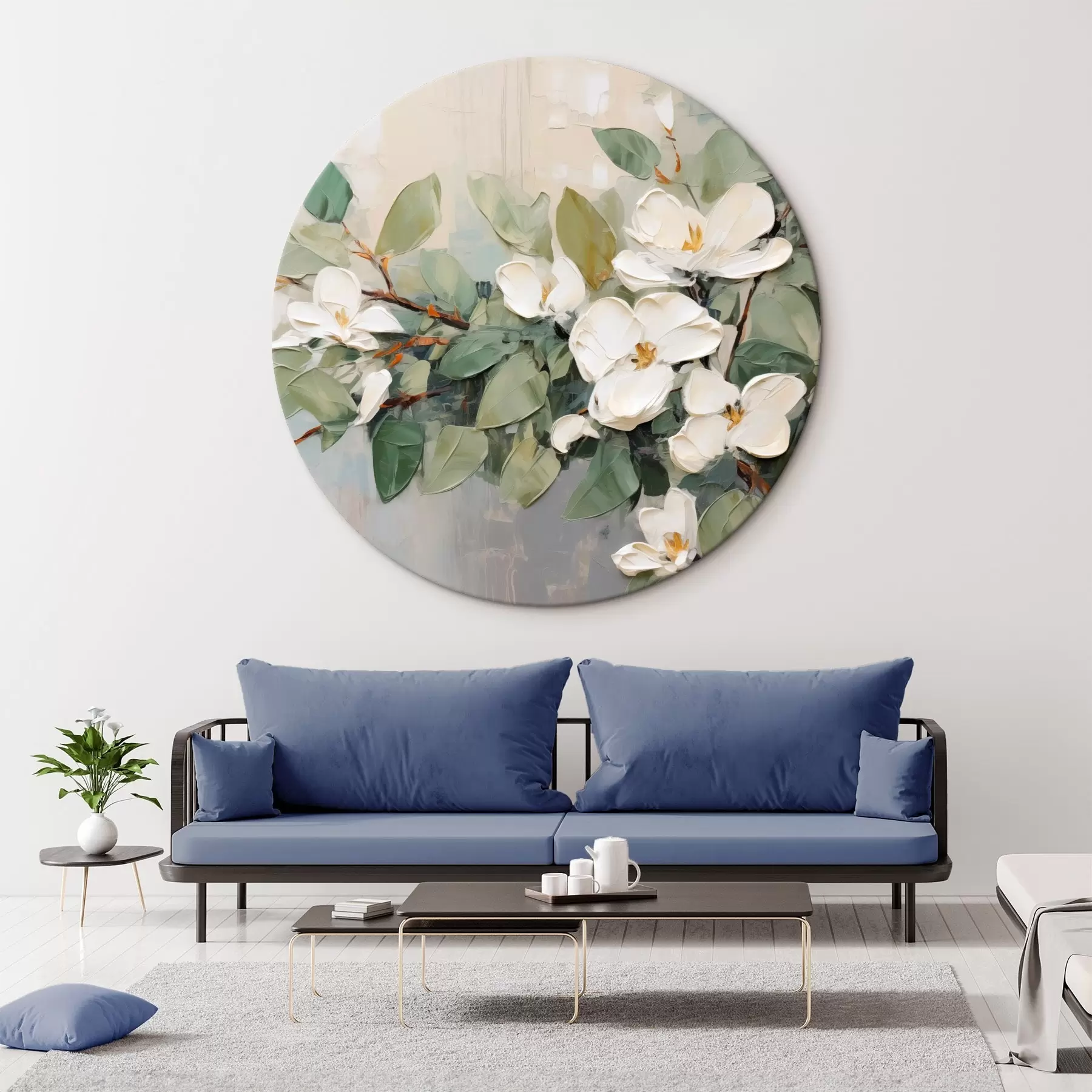 Fototapete Magnolienblüten mit grünen Blättern auf einem Zweig, pastos strukturierter Stil, weiche Farbpalette r44853