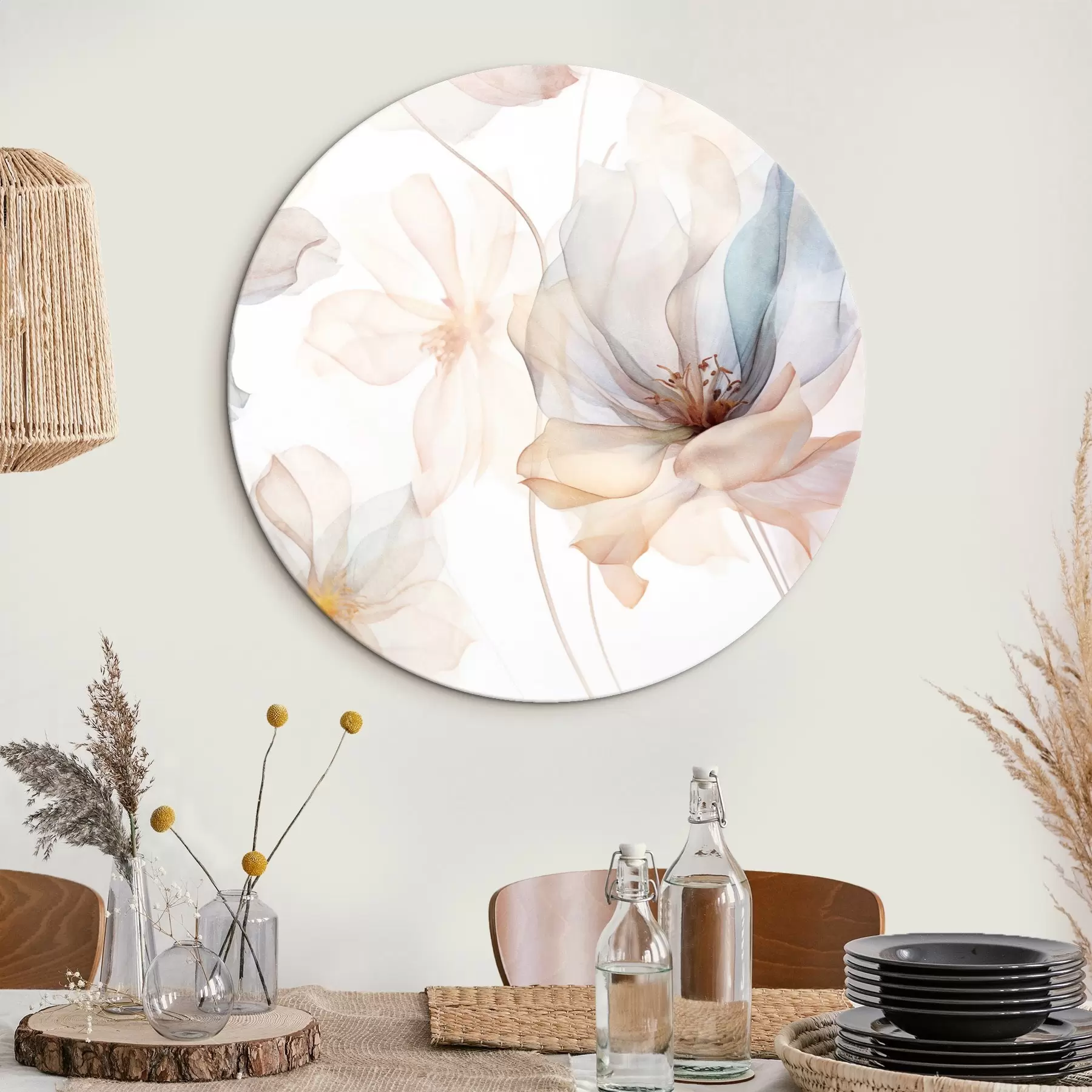 Fototapete Transluzente, strukturierte Blumen in Pastellfarben, zarte Blütenblätter, feine Linien auf weißem Hintergrund r44855