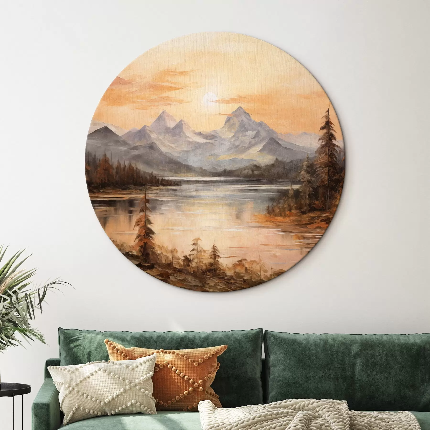 Fototapete Landschaft mit einem See, umgeben von Bäumen und Bergen im Hintergrund, orangefarbener Himmel mit Sonne r44857