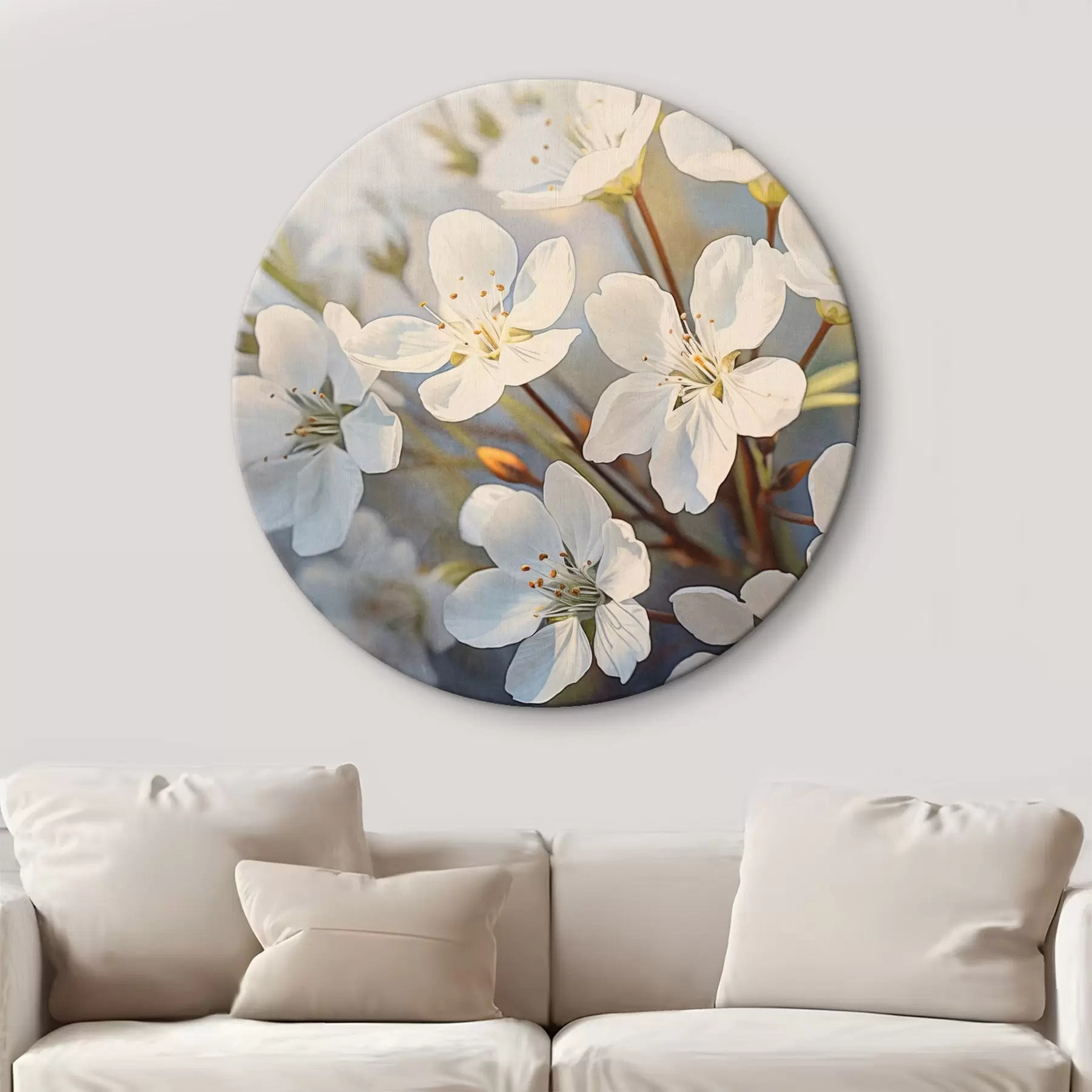 Fototapete Weiße strukturierte Kirschblüten im Aquarell-Stil, zarte Blütenblätter, Frühlingssaison r44859