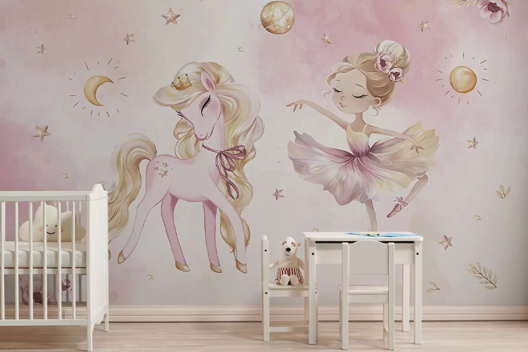 Fototapete Einhorn und Ballerina in einem rosa Märchen, Kindergeschichte w04196