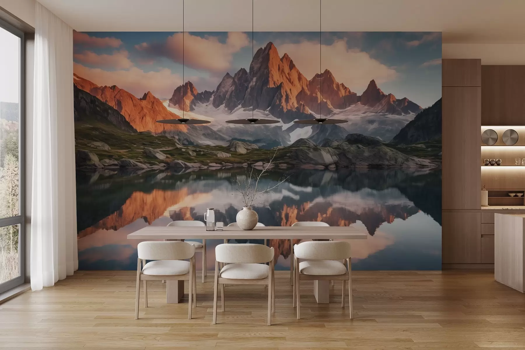 Fototapete Berge in der Morgendämmerung, Spiegelung im Wasser, realistische Landschaft w04150