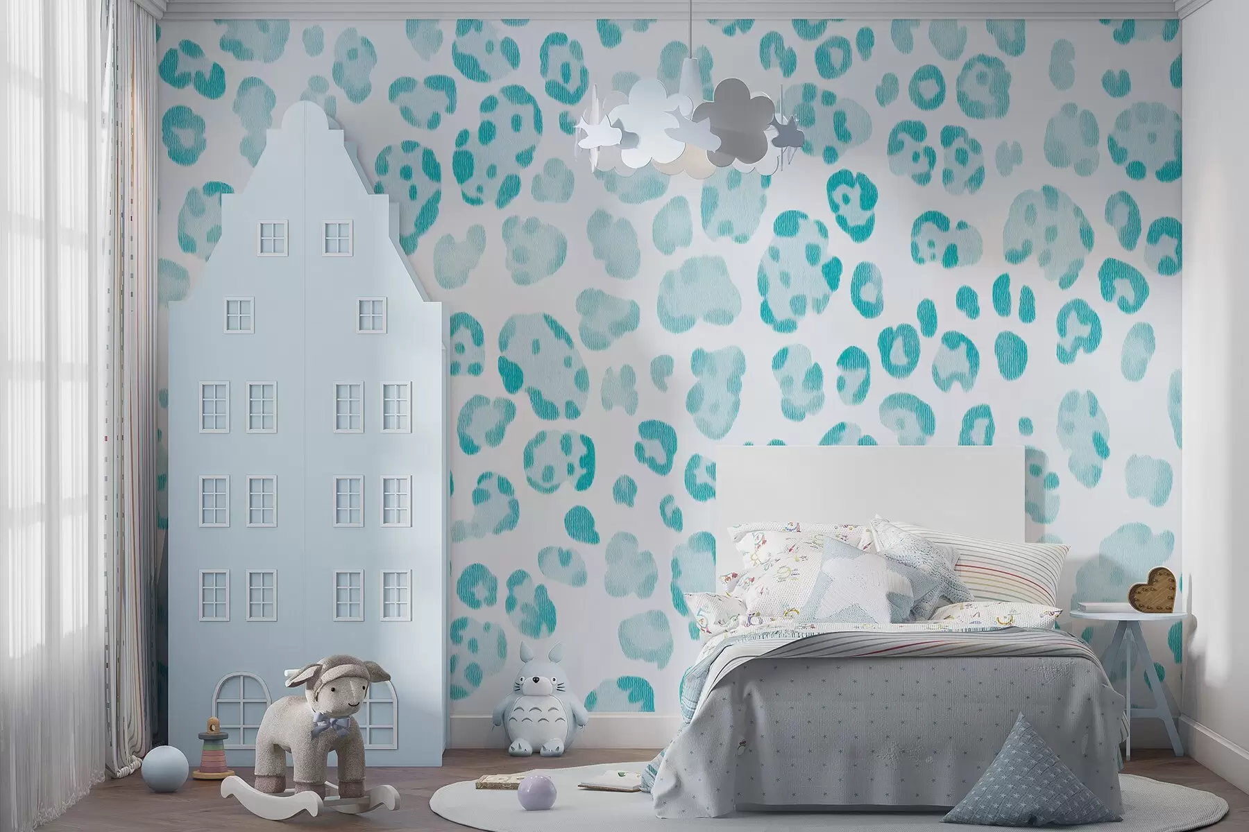 Fototapete Leopardenmuster, Wolltextur, blaue Farbe w04112