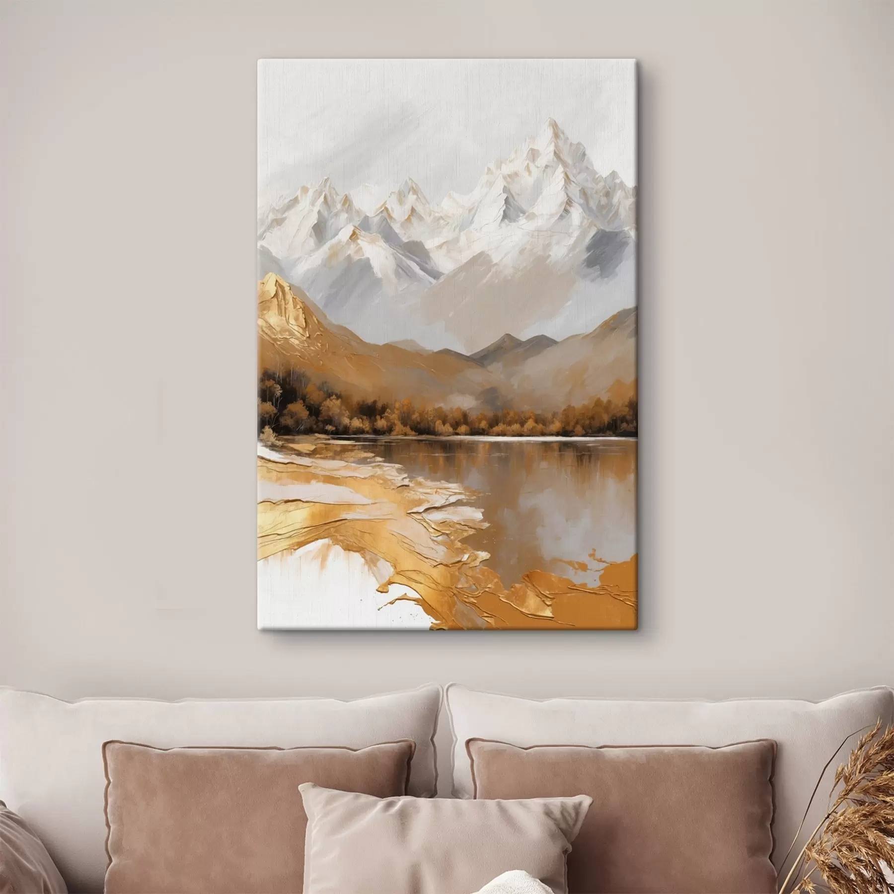 Fototapete Berglandschaft mit einem See in warmen Farben s44877