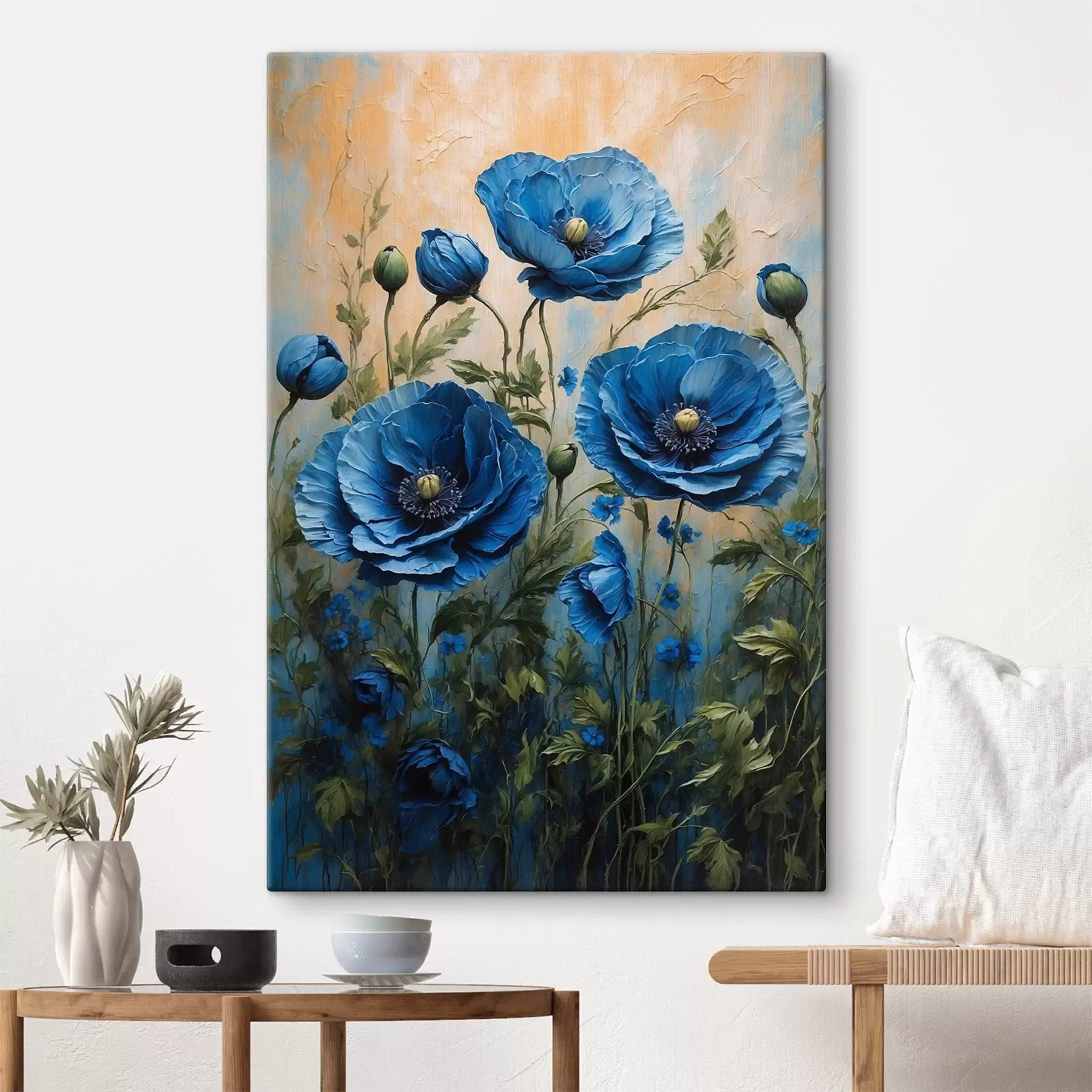 Fototapete Blaue Mohnblumen auf einem pastellfarbenen Hintergrund mit Blättern s44882