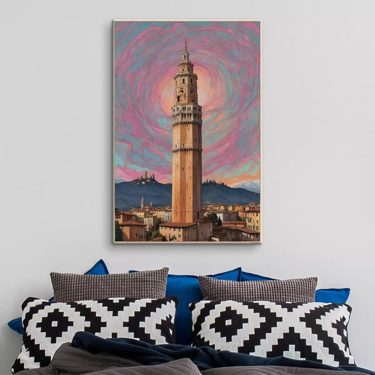 Fototapete Fantasieturm gegen den Himmel mit rosa und blauen Spiralen s44885