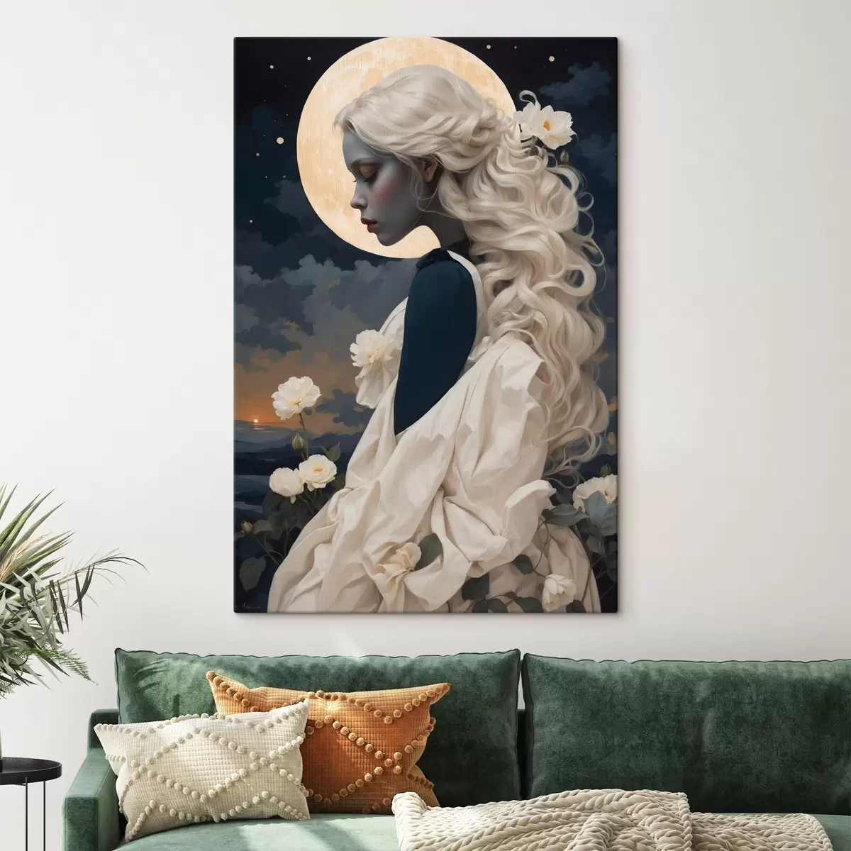 Fototapete Porträt eines Mädchens mit weißem Haar und Vollmond s44887