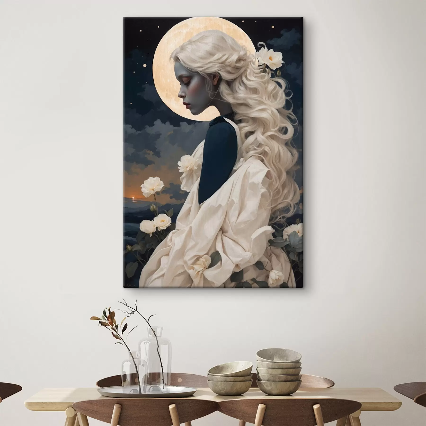 Fototapete Porträt eines Mädchens mit weißem Haar und Vollmond s44887